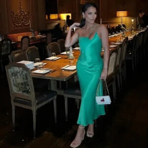 MANGO Asymmetrical Satin Effect One Shoulder Long Dress Green Size  Small